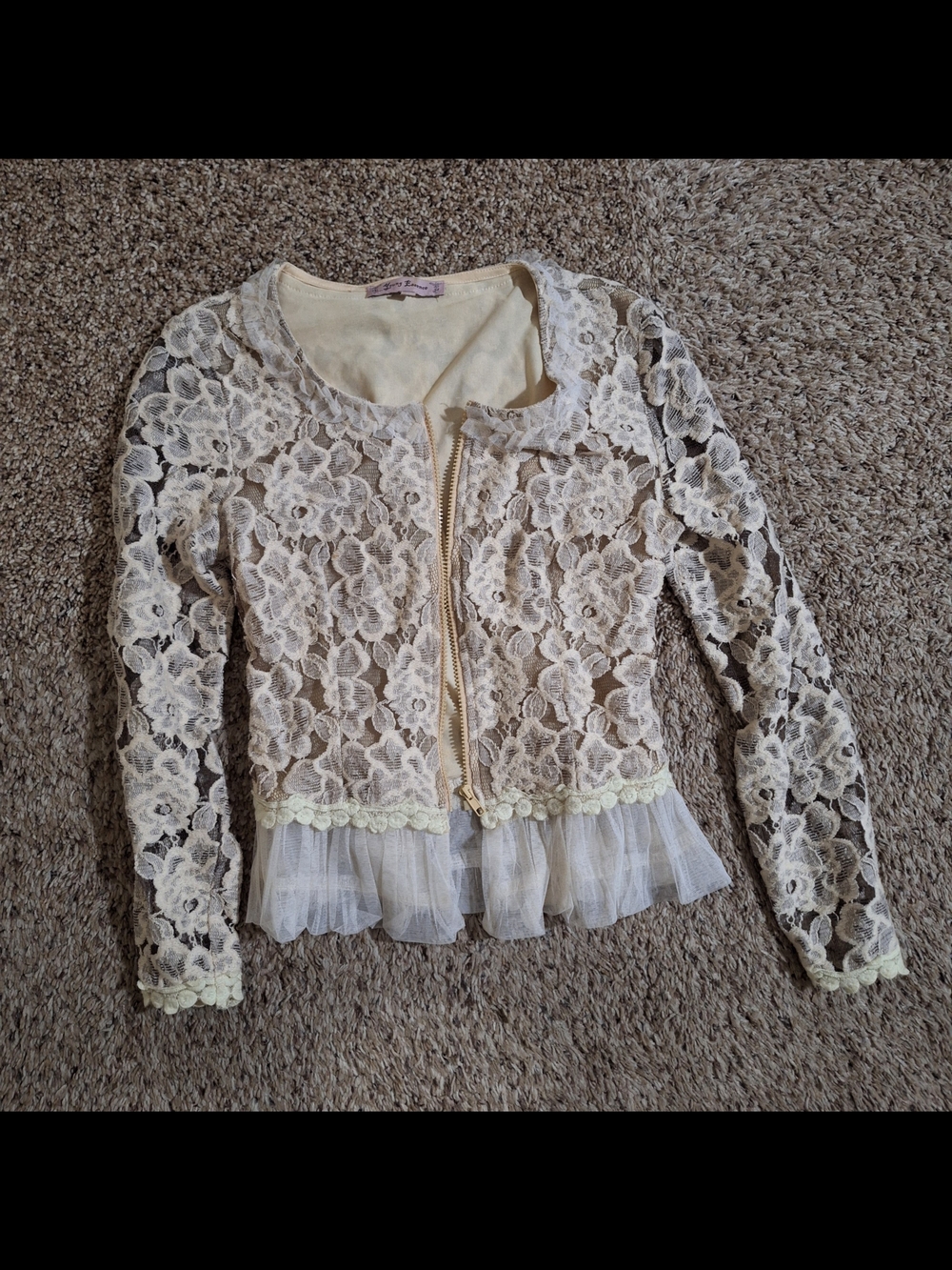 Vintage Young Essence Cream Lace Ruffle Zip Jacket Size M
